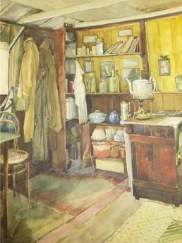 First World War internee watercolour of hut interior