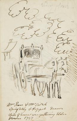 Ink sketch of Horse and Carriage with the…