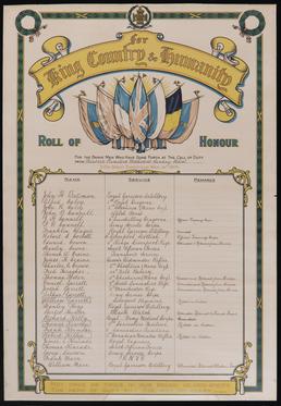 Commemorative coloured roll of honour listing former male…