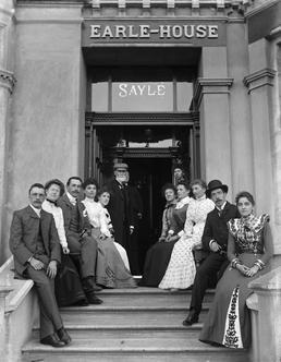 Visitors gathered on the steps of Earle-House, Douglas…