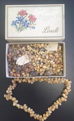 Box containing shell necklace and spare shells from…