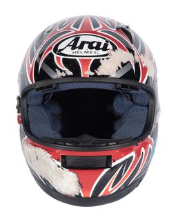 Dave Molyneux's damaged motorcycle racing helmet